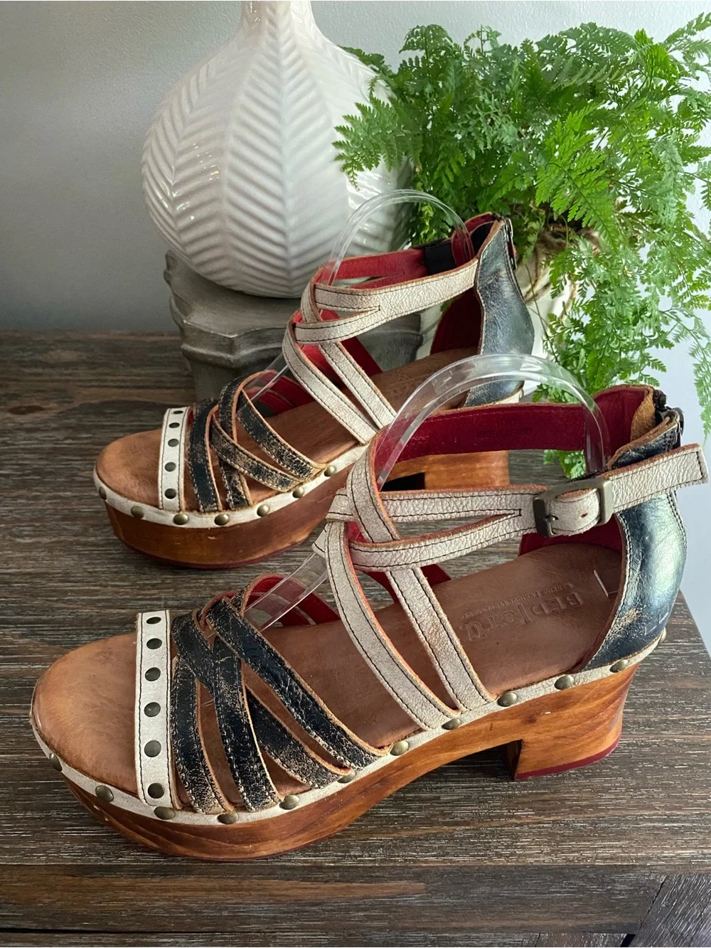 Bed|Stu Antonelli Leather Wood Platform Heeled Sandals Womens 10 Tan Black Lux - Picture 5 of 16